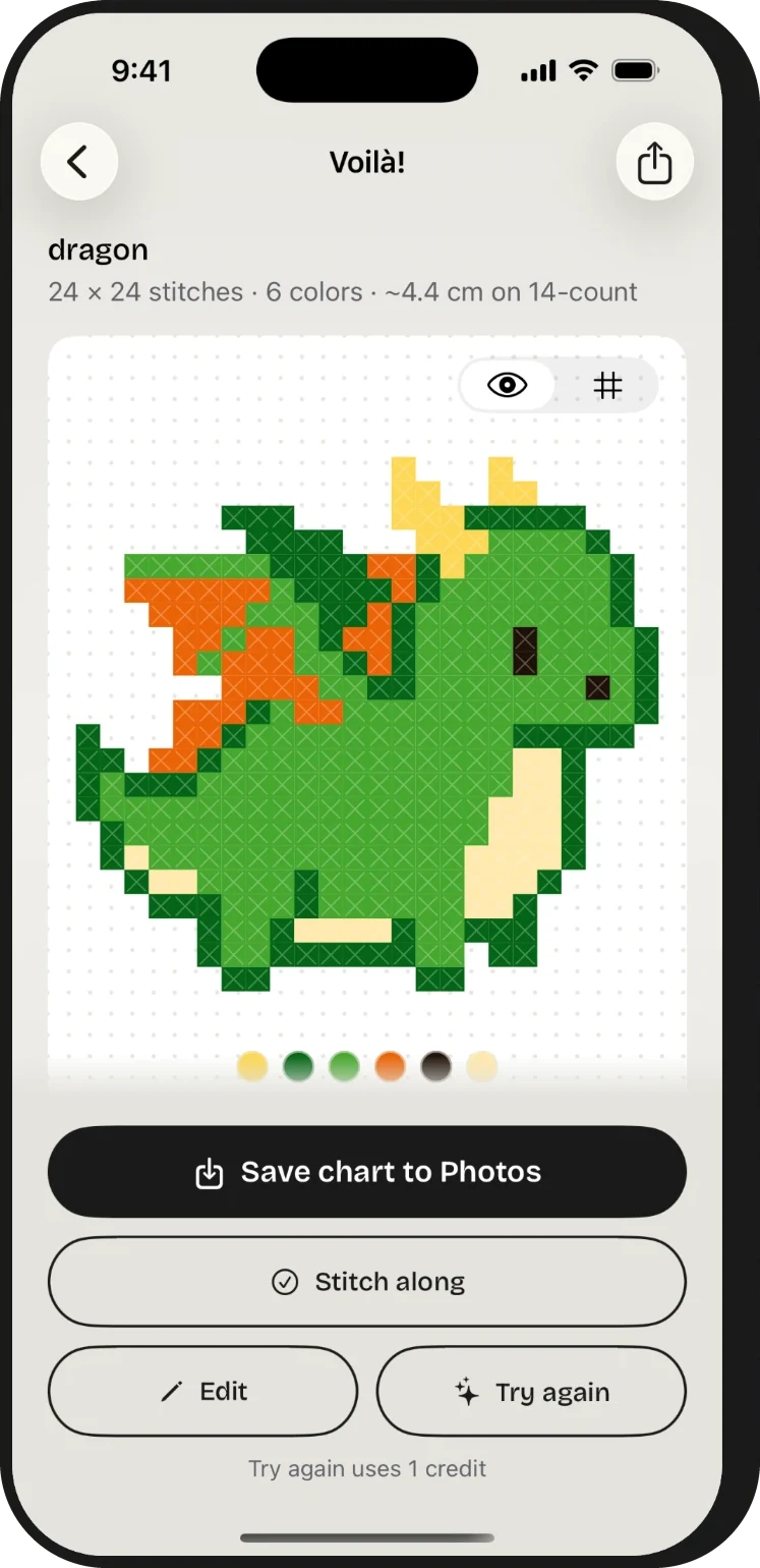 The first draft of the dragon as a cross-stitch chart, 24 by 24 stitches in 6 colours, with Save chart to Photos, Stitch along, Edit and Try again buttons