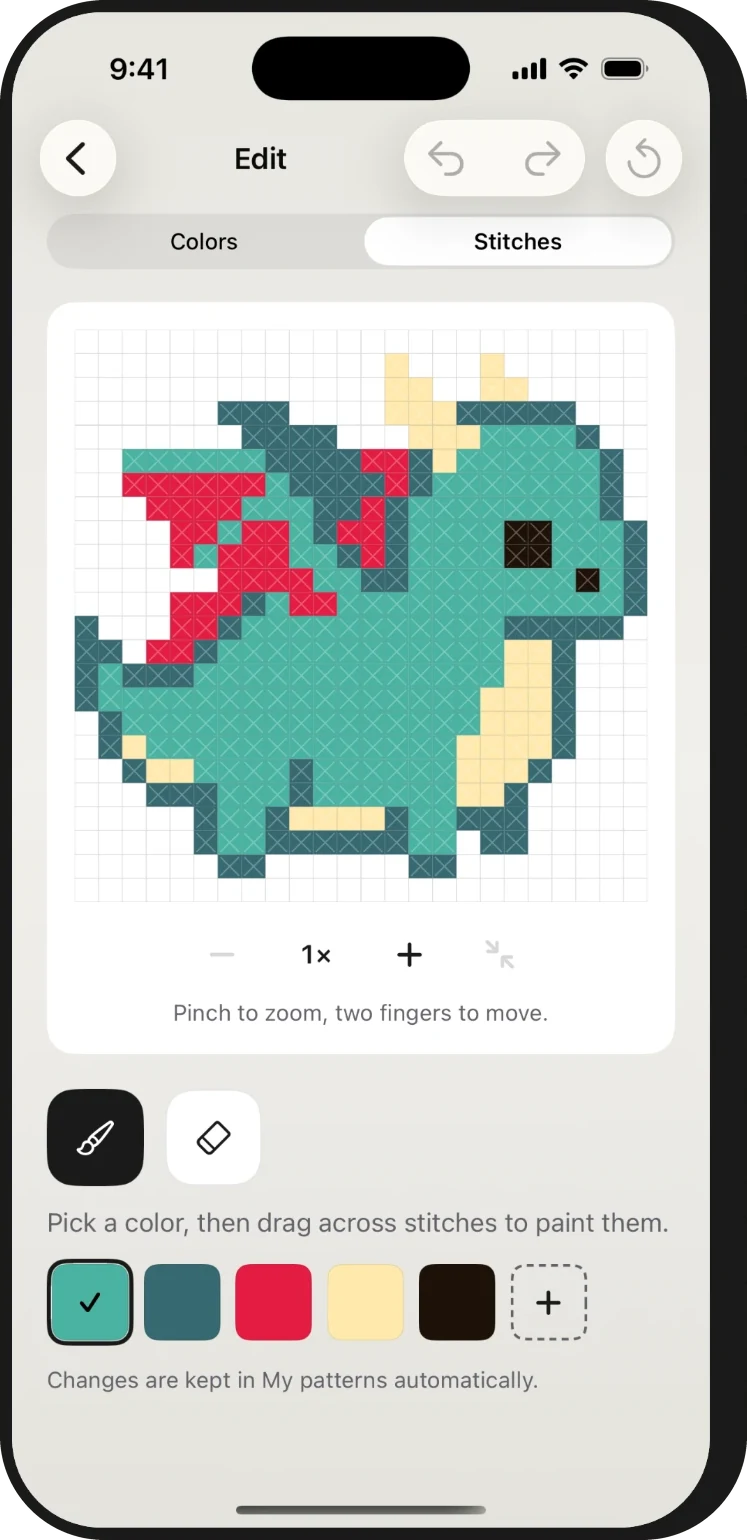 The editor: the dragon recoloured teal with a red wing, with a thread palette and paint and erase tools