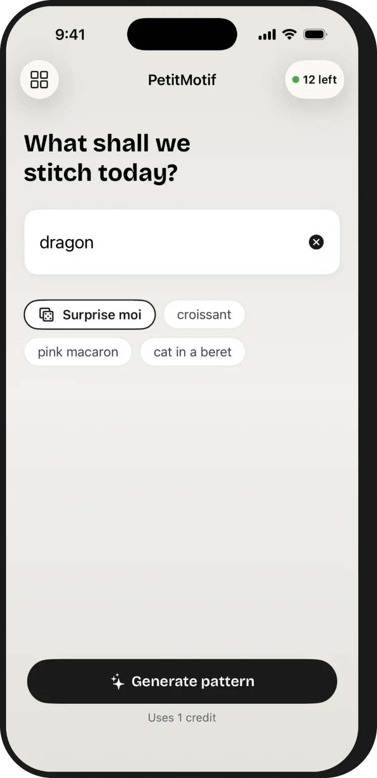 The PetitMotif prompt screen with “dragon” typed in, a few idea chips and a Generate pattern button