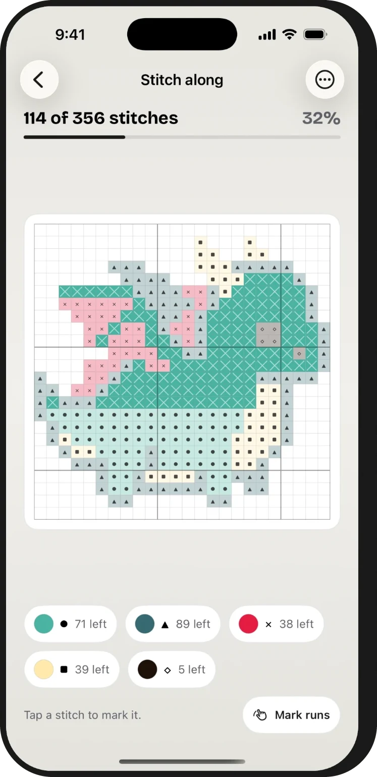 The Stitch along screen: the dragon chart with 114 of 356 stitches marked and a count of stitches left for each thread